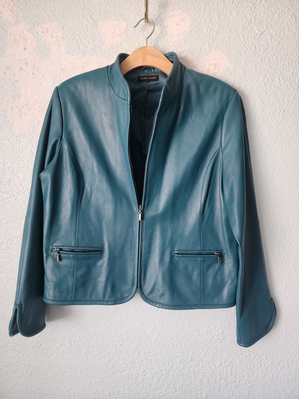 Valerie Stevens Teal-Blue Leather Zip Jacket